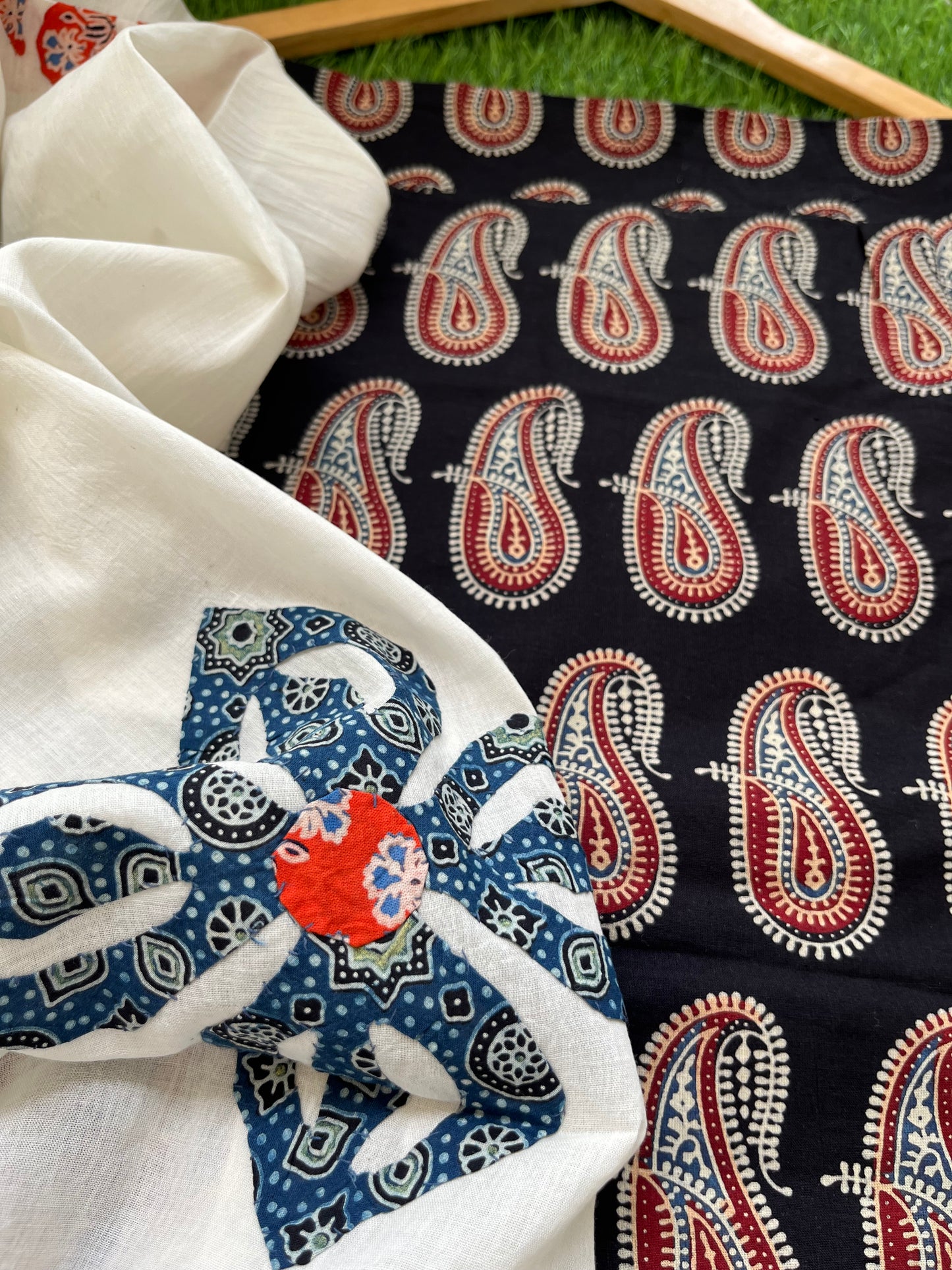 Cotton ajrakh kurta applique work dupatta set