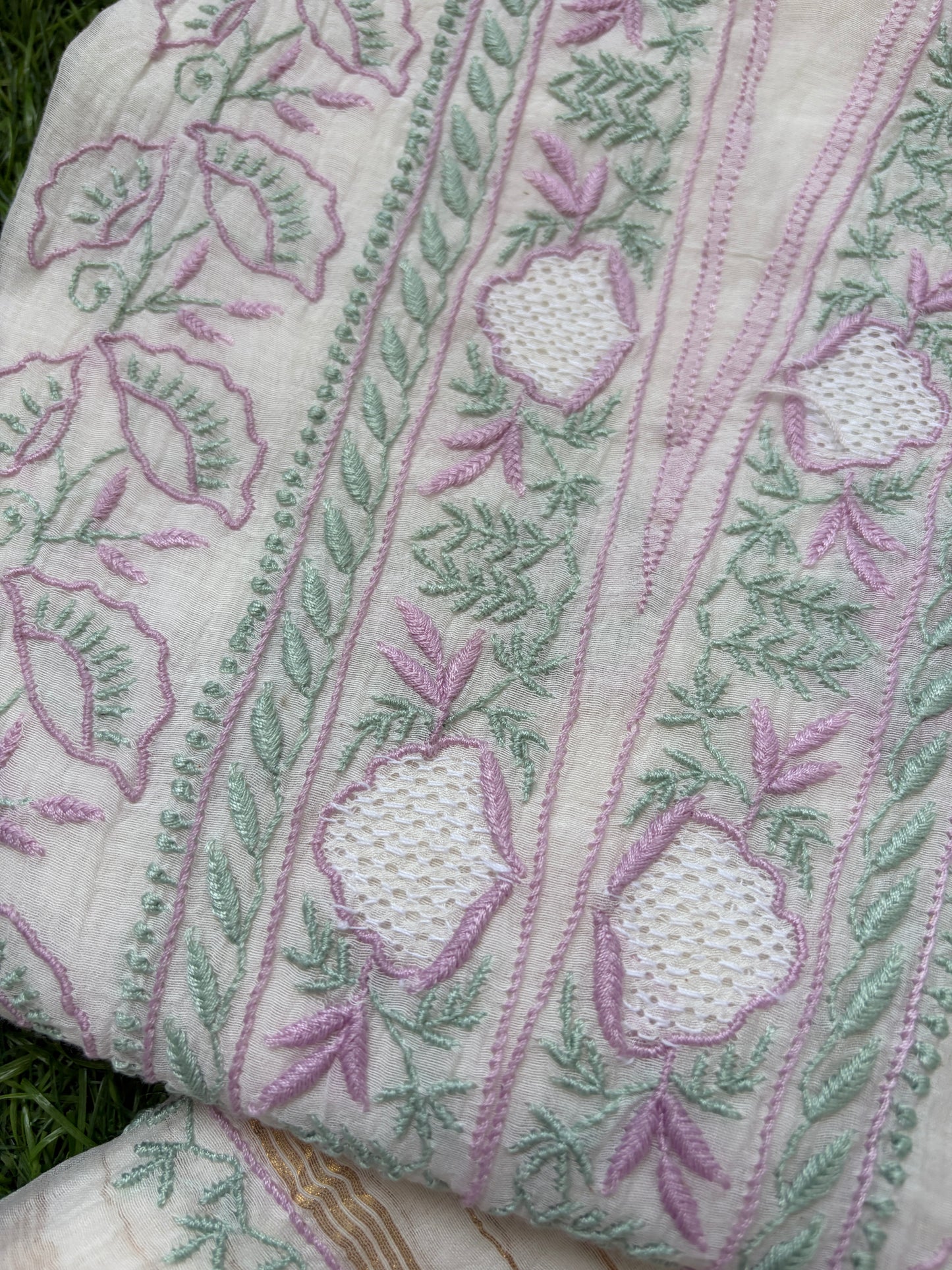 Semi stitched Chanderi Chikankari Kurta Dupatta