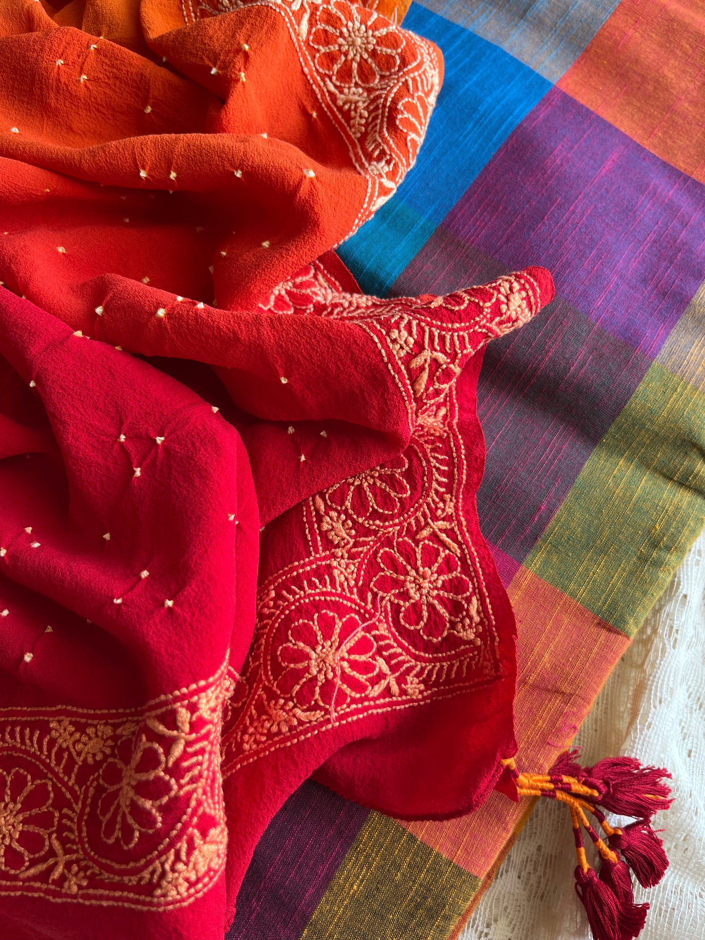 Cotton kurta bottom pure georgette chikankari bandhani dupatta