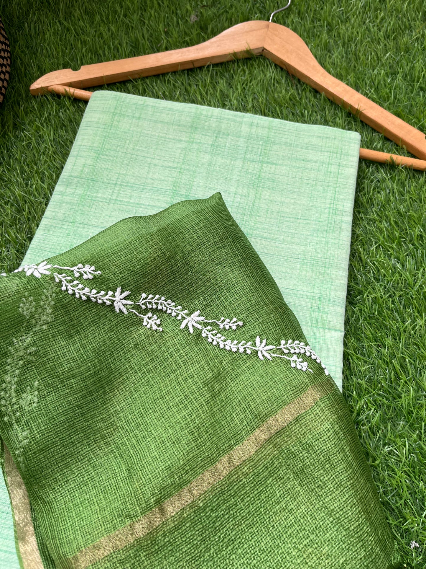 Kota silk Chikankari Dupatta with khadi kurta bottom Fabric