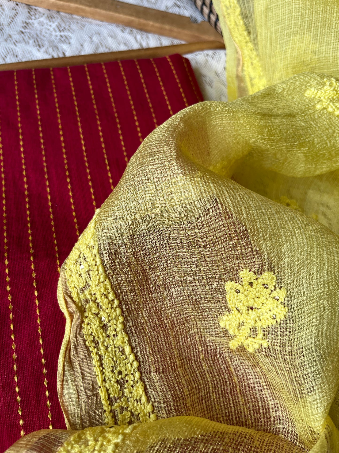 Kota silk chikankari Dupatta Mangalgiri cotton kurta fabric