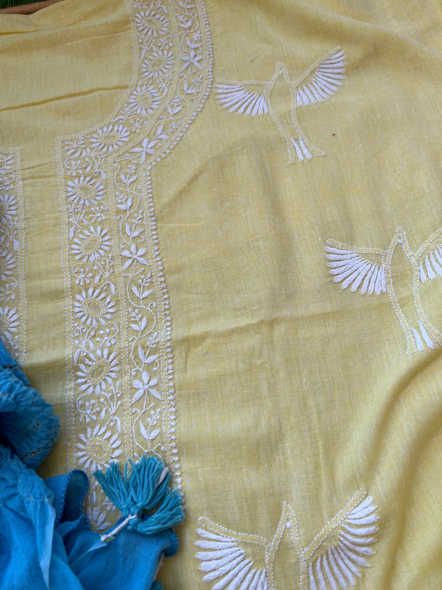 Khadi Mul Chikankari kurta with chinon bandhani dupatta