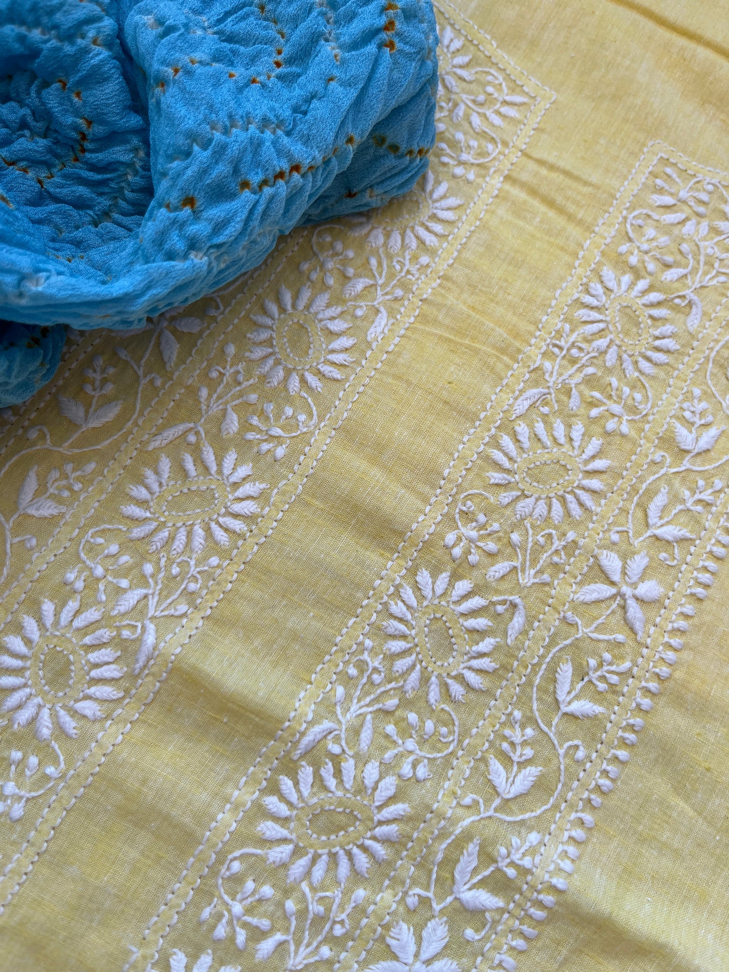 Khadi Mul Chikankari kurta with chinon bandhani dupatta