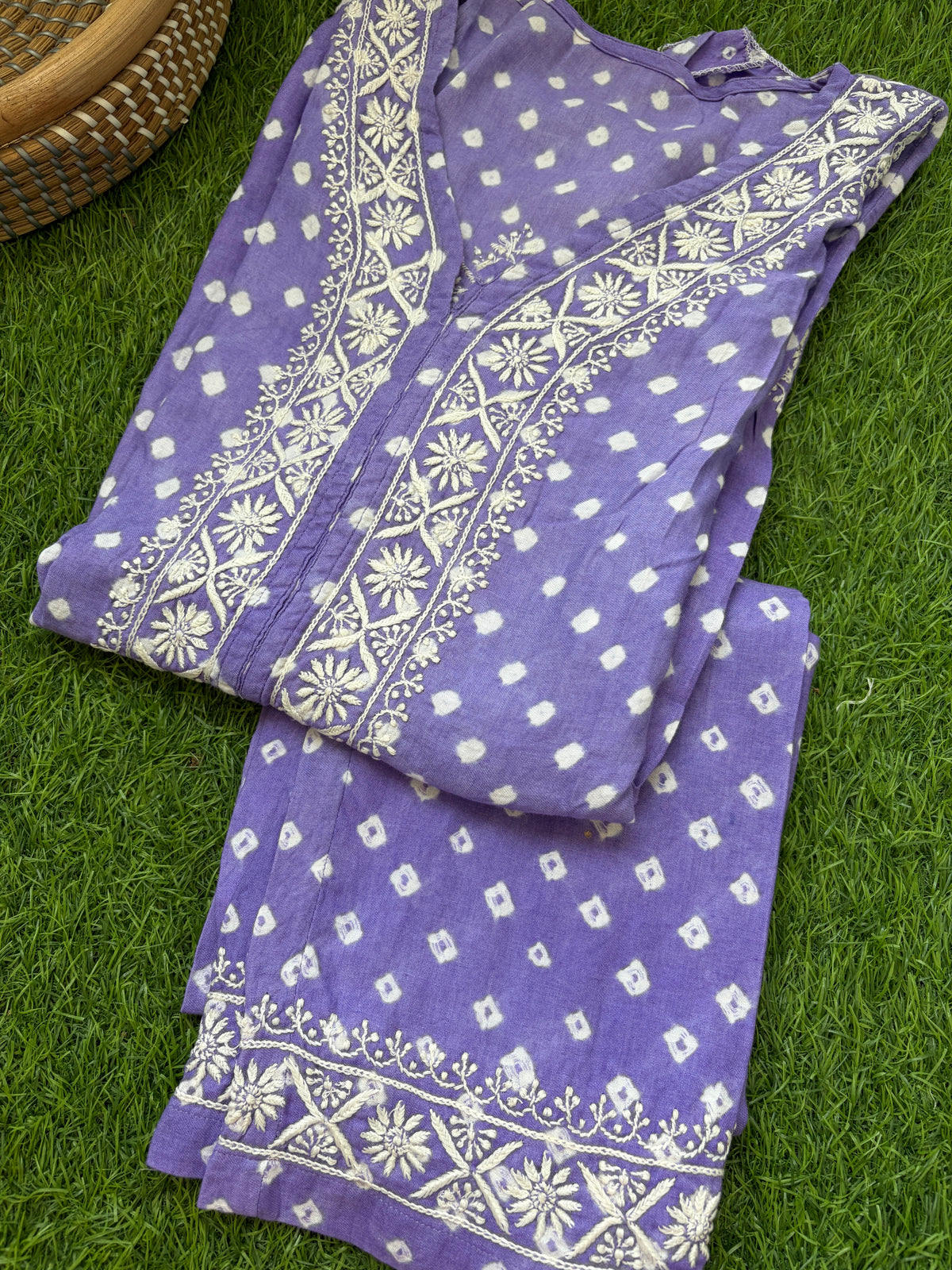 Cotton Bandhani chikan shirt and a-bottom