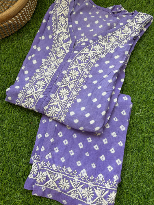 Cotton Bandhani chikan shirt and a-bottom