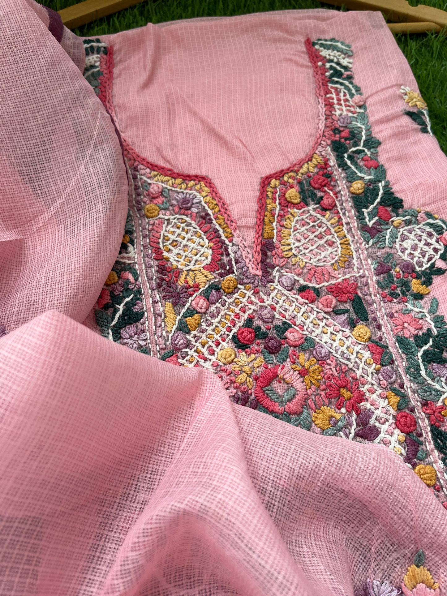 Kota hand embroidered kurta dupatta and plain bottom fabric
