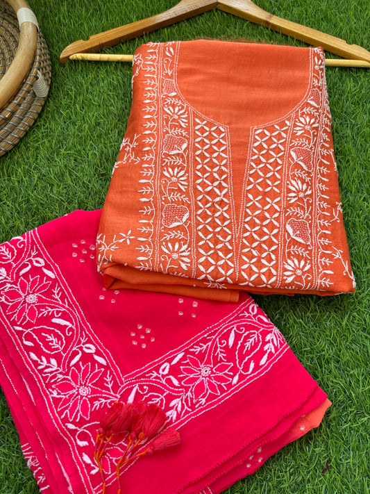 Chanderi Chikankari kurta with georgette dupatta