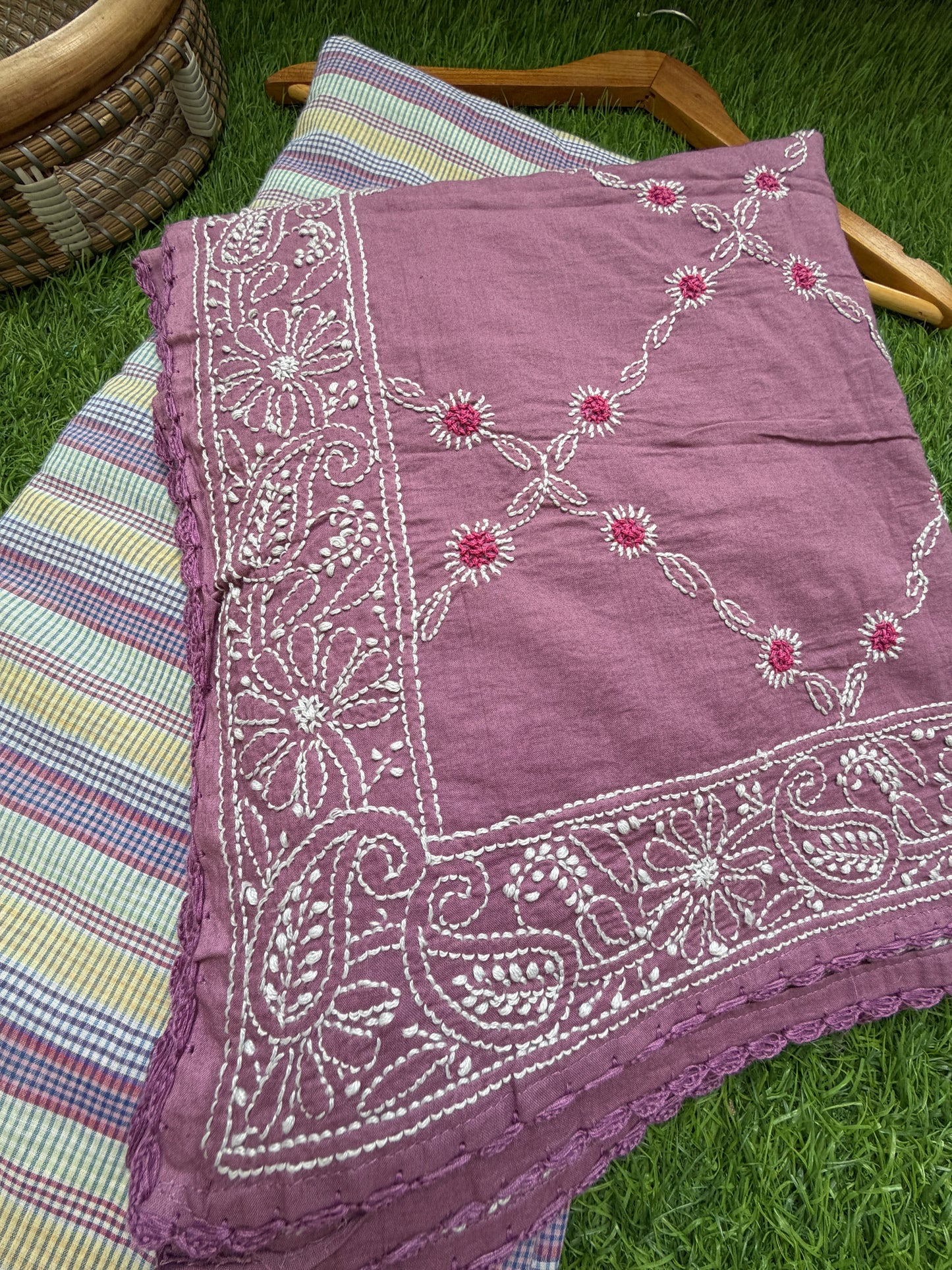 Khadi check kurta mul cotton chikankari dupatta