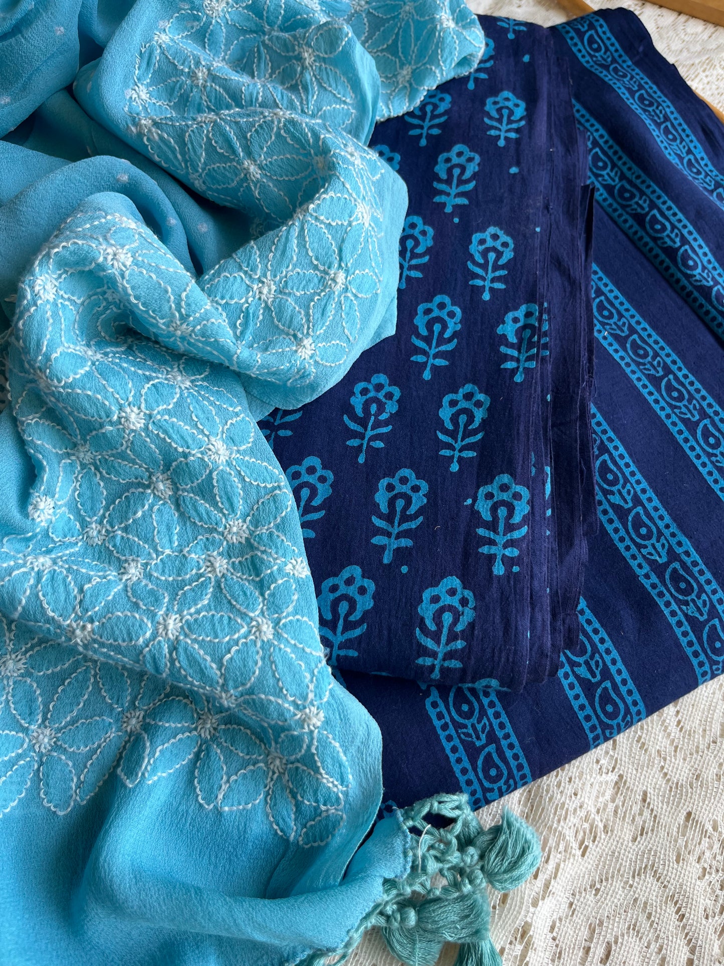 Cotton kurta bottom pure georgette chikankari bandhani dupatta