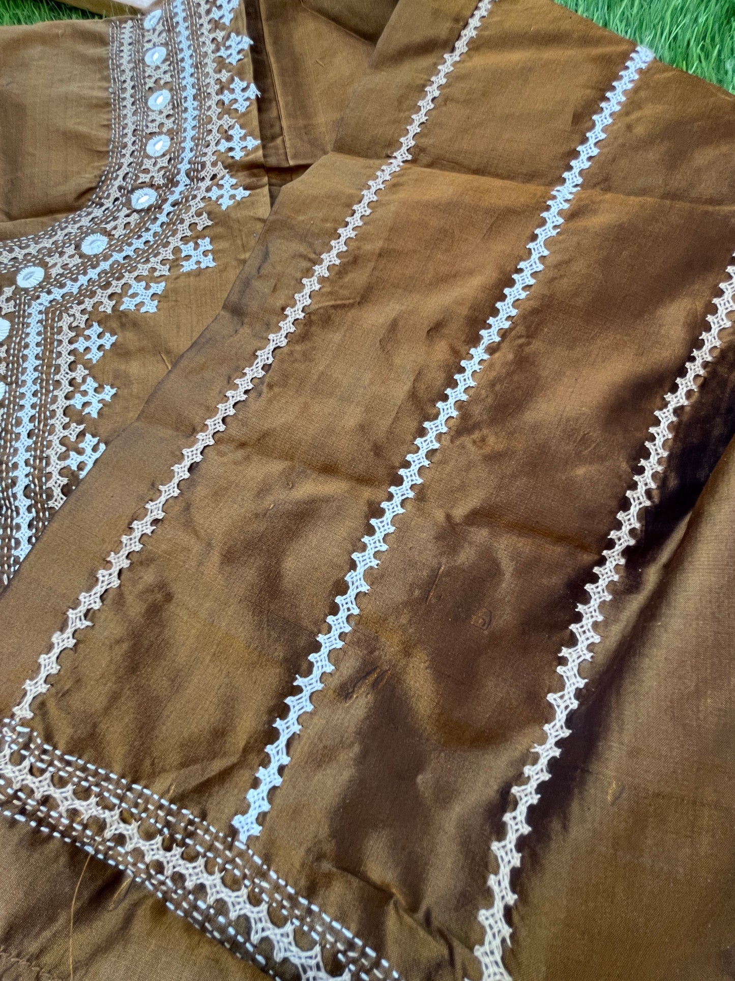 Silk sindhi work kurta fabric with silk chikankari dupatta
