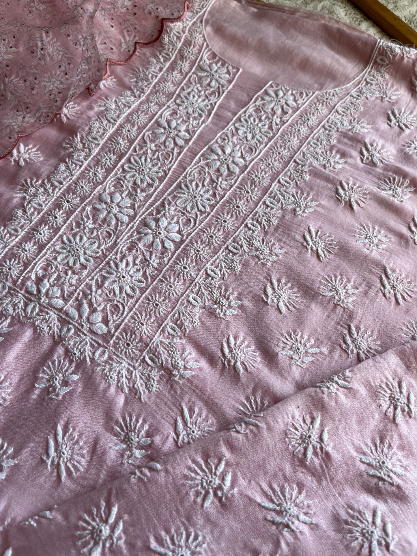 Chanderi Chikankari kurta with organza dupatta