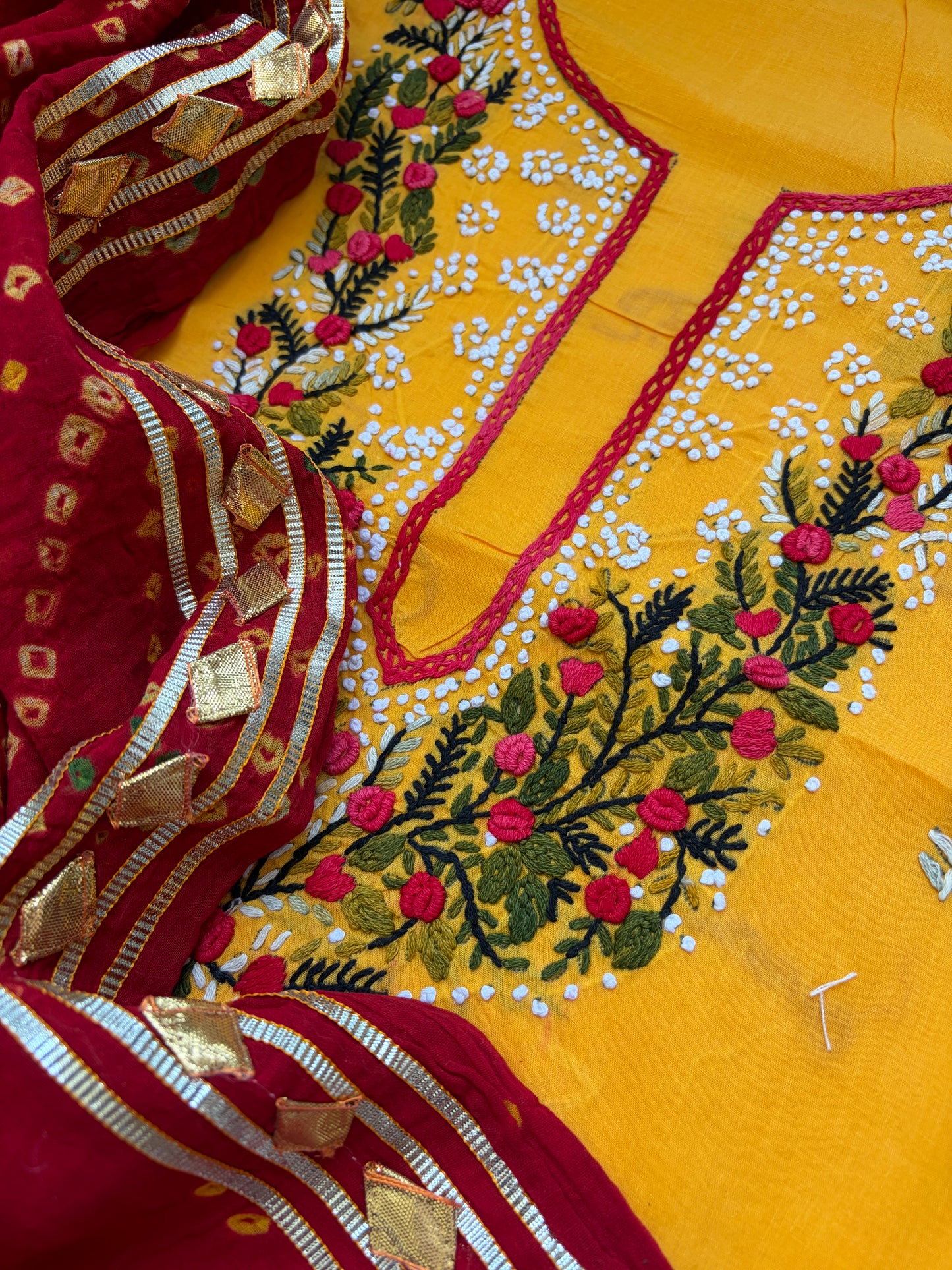 Cotton knot work kurta bandhani gota Dupatta