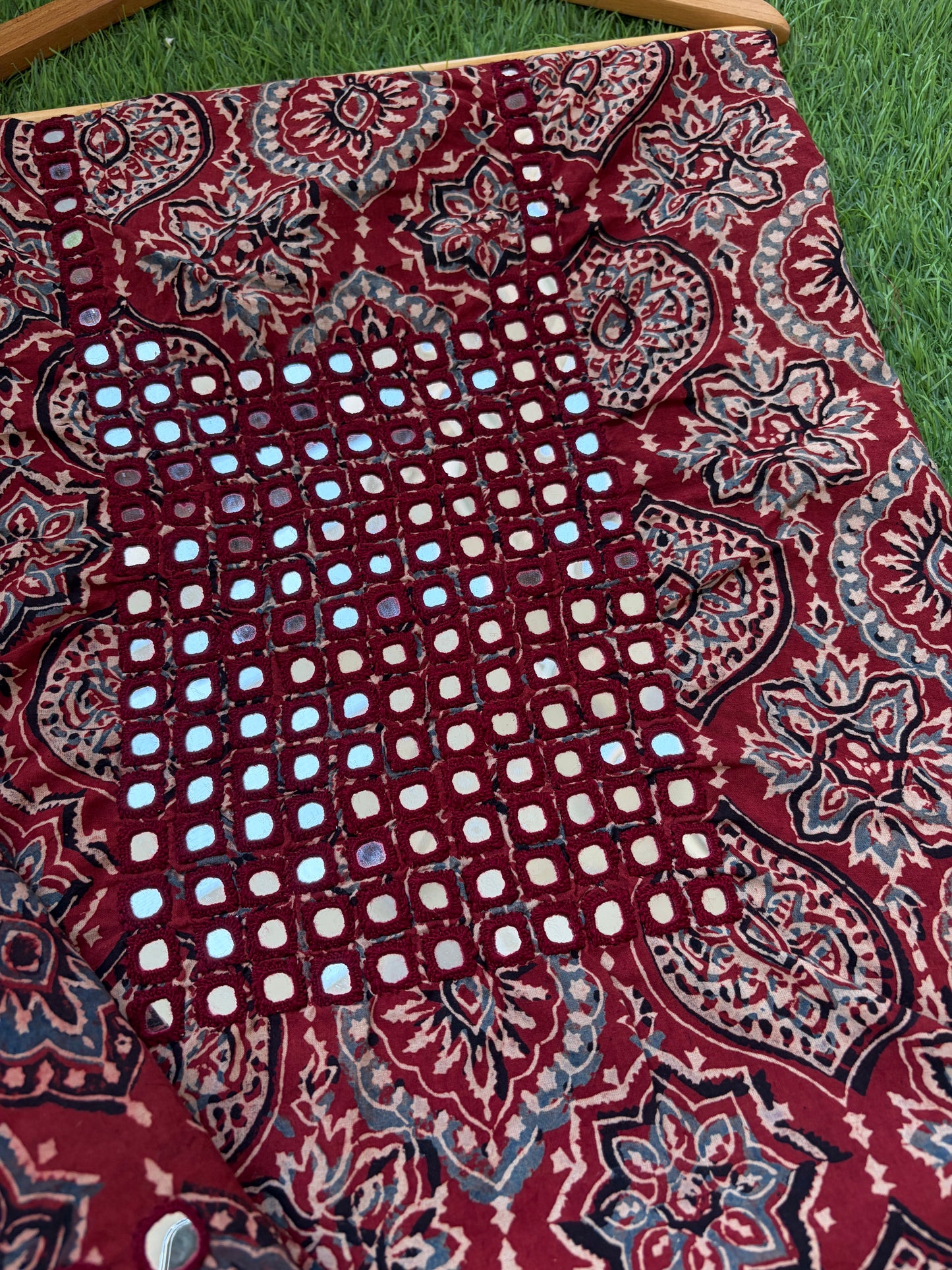 Ajrakh Cotton Mirror work kurta Bottom Dupatta