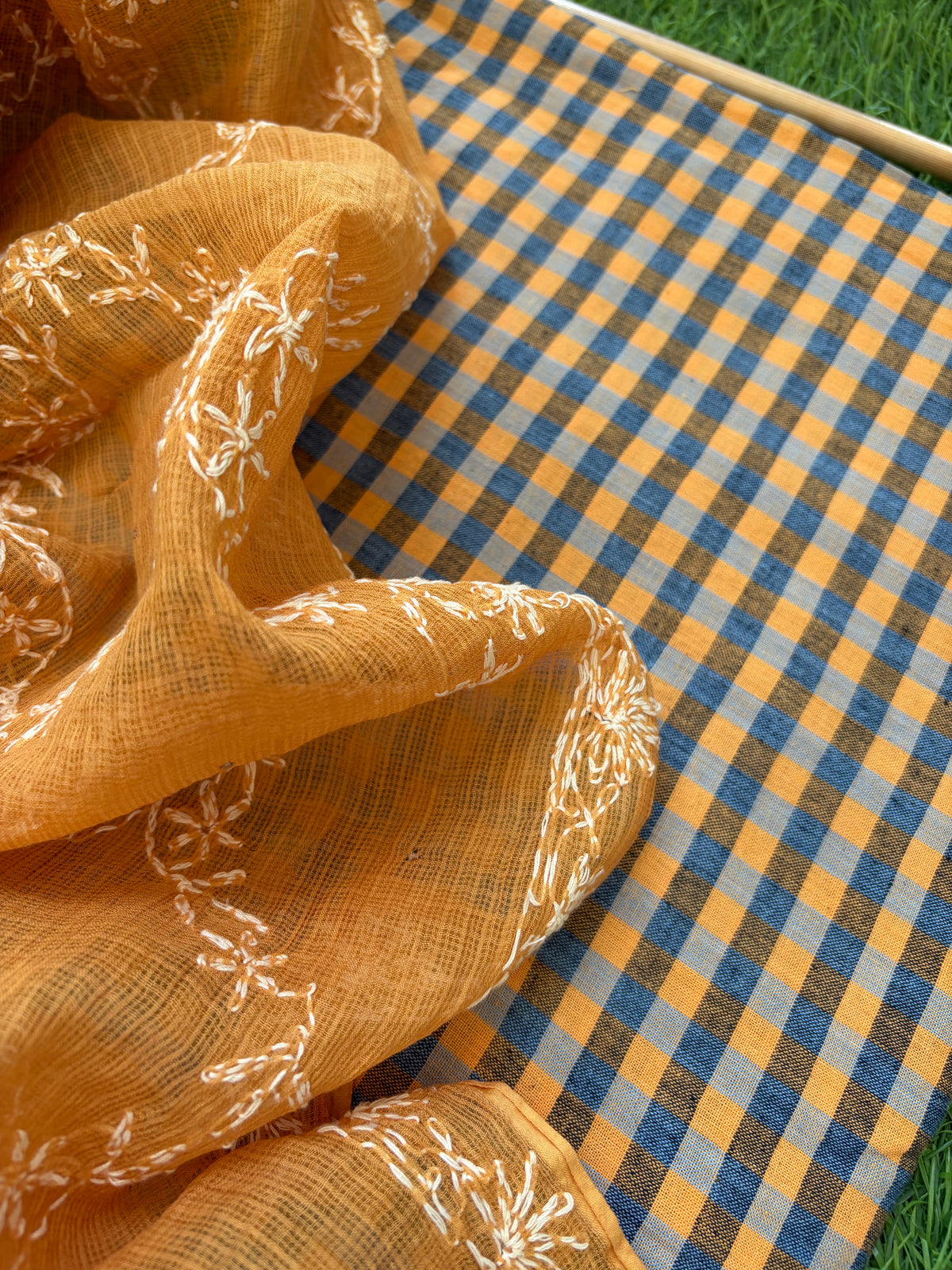 Khadi cotton check kurta fabric kota dupatta
