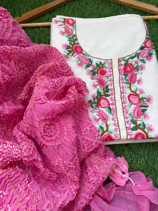 Handwoven Cotton knot work embroidered kurta and plain bottom fabric bandhani Dupatta