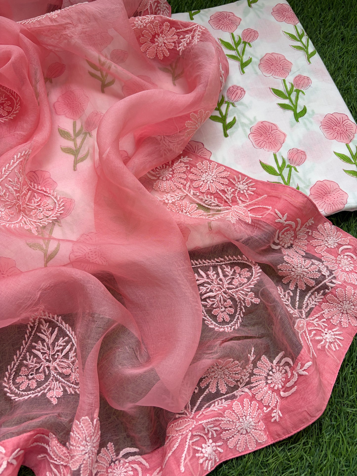cotton print kurta bottom fabric organza chikan work dupatta