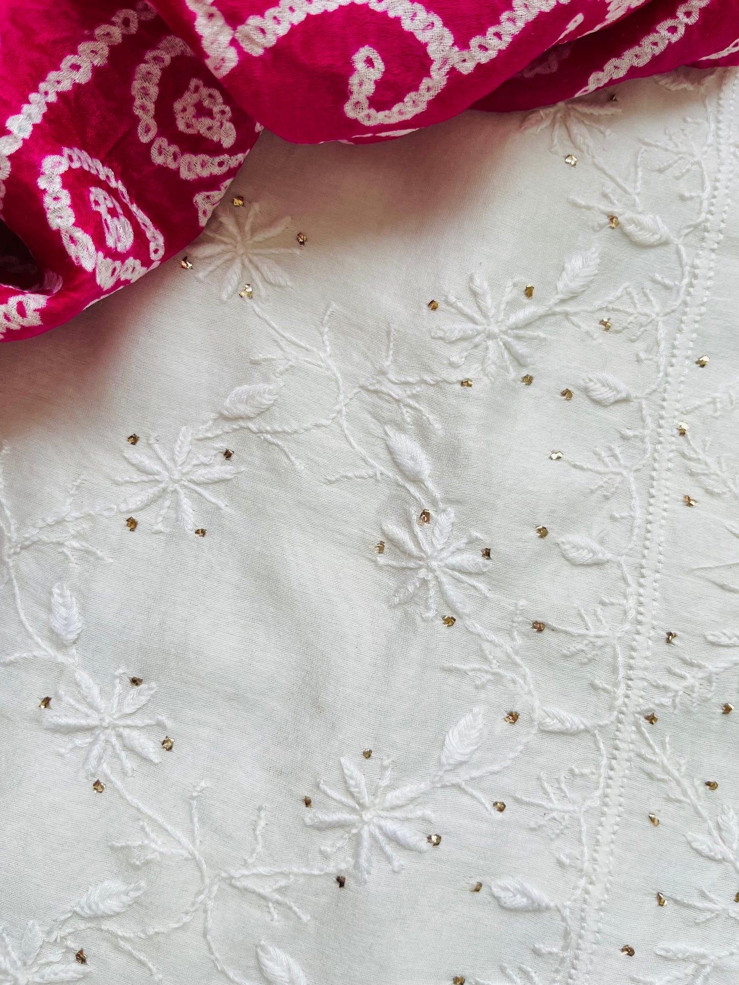 Chanderi Chikankari Kurta gajji silk bandhani Dupatta