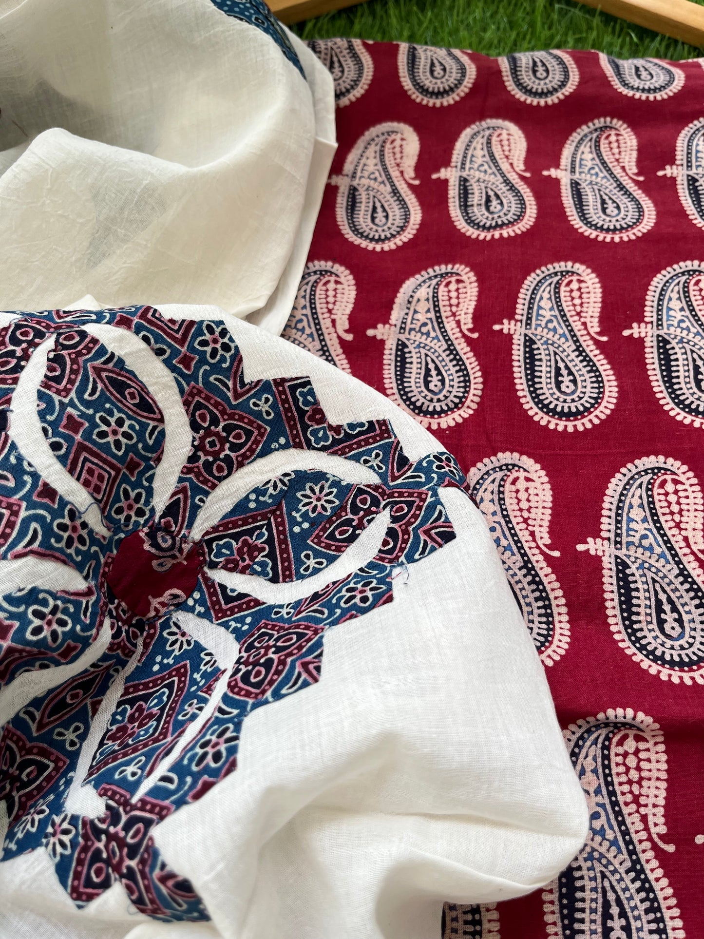 Cotton ajrakh kurta applique work dupatta set