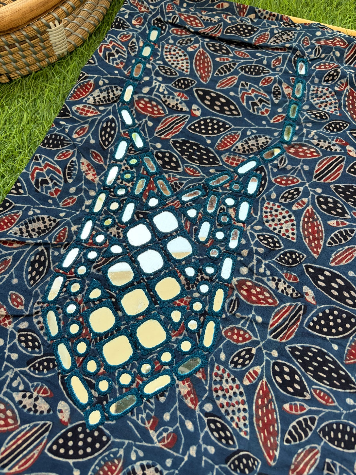 Ajrakh Cotton Mirror work kurta Dupatta