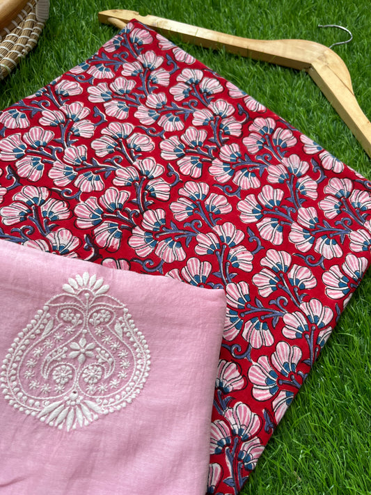 Chanderi Chikankari Dupatta with print kurta bottom Fabric