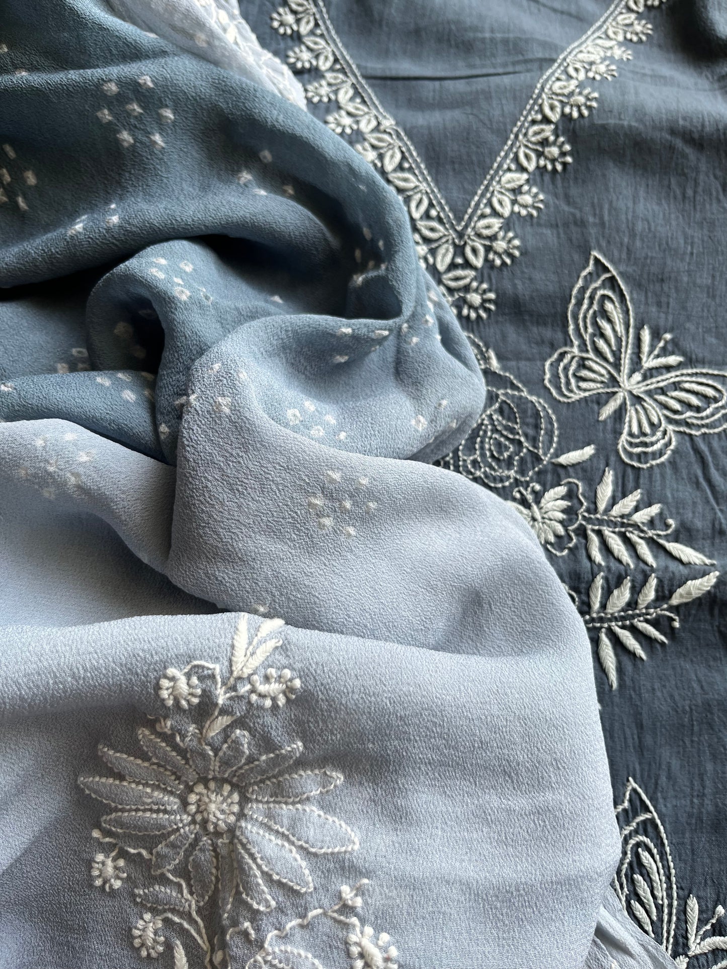 Chanderi Chikankari kurta with tussar dupatta