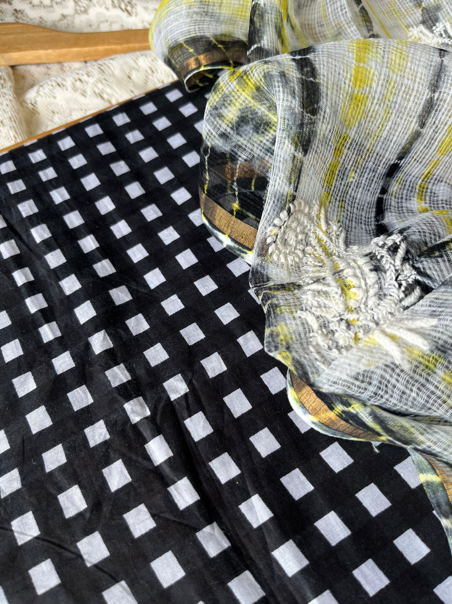 Cotton check kurta bottom fabric kota doria chikan work dupatta