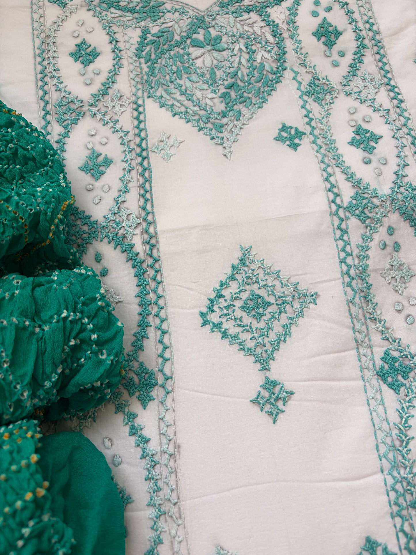 Cotton sindhi work kurta fabric with chinon dupatta