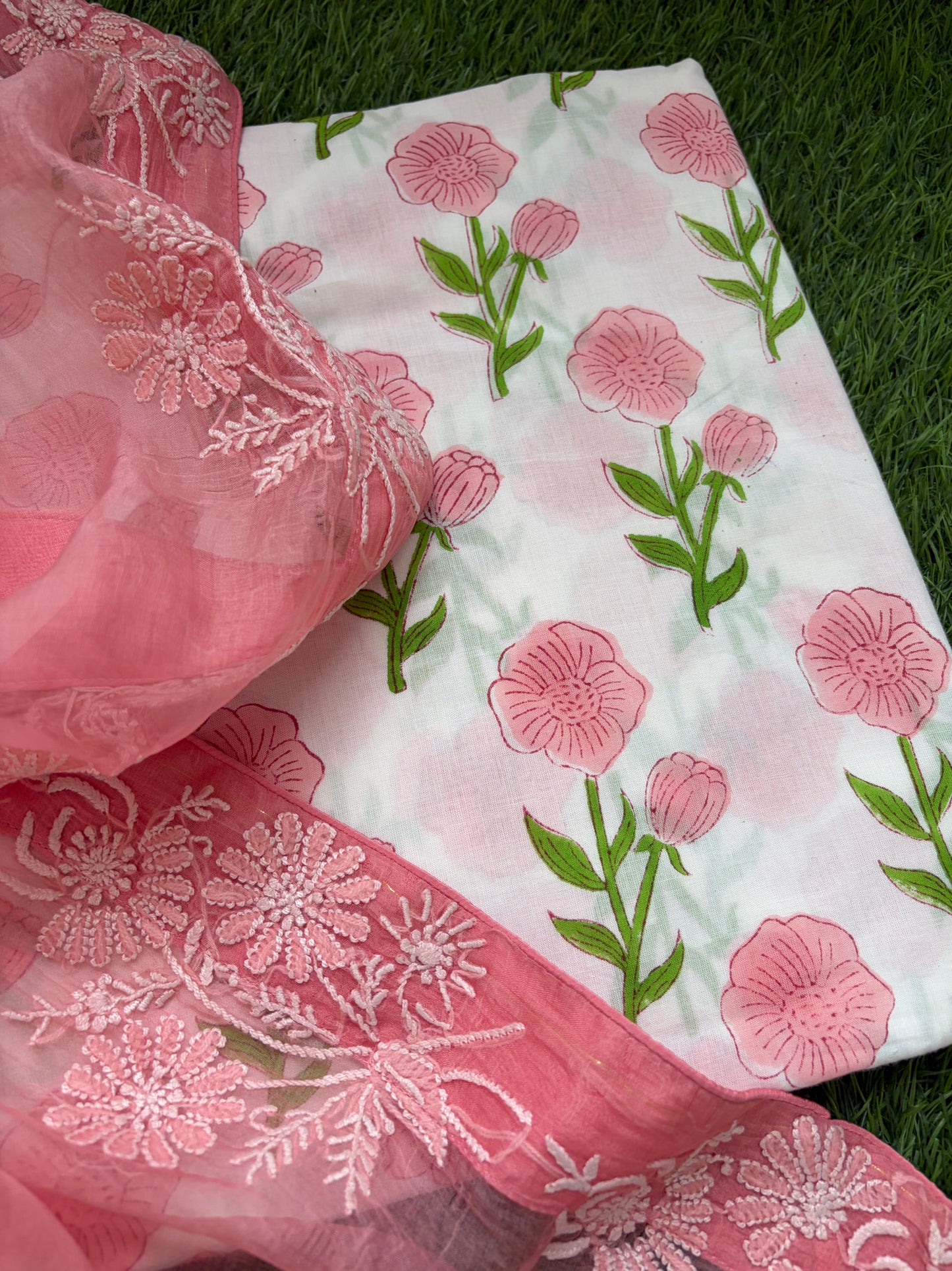 cotton print kurta bottom fabric organza chikan work dupatta