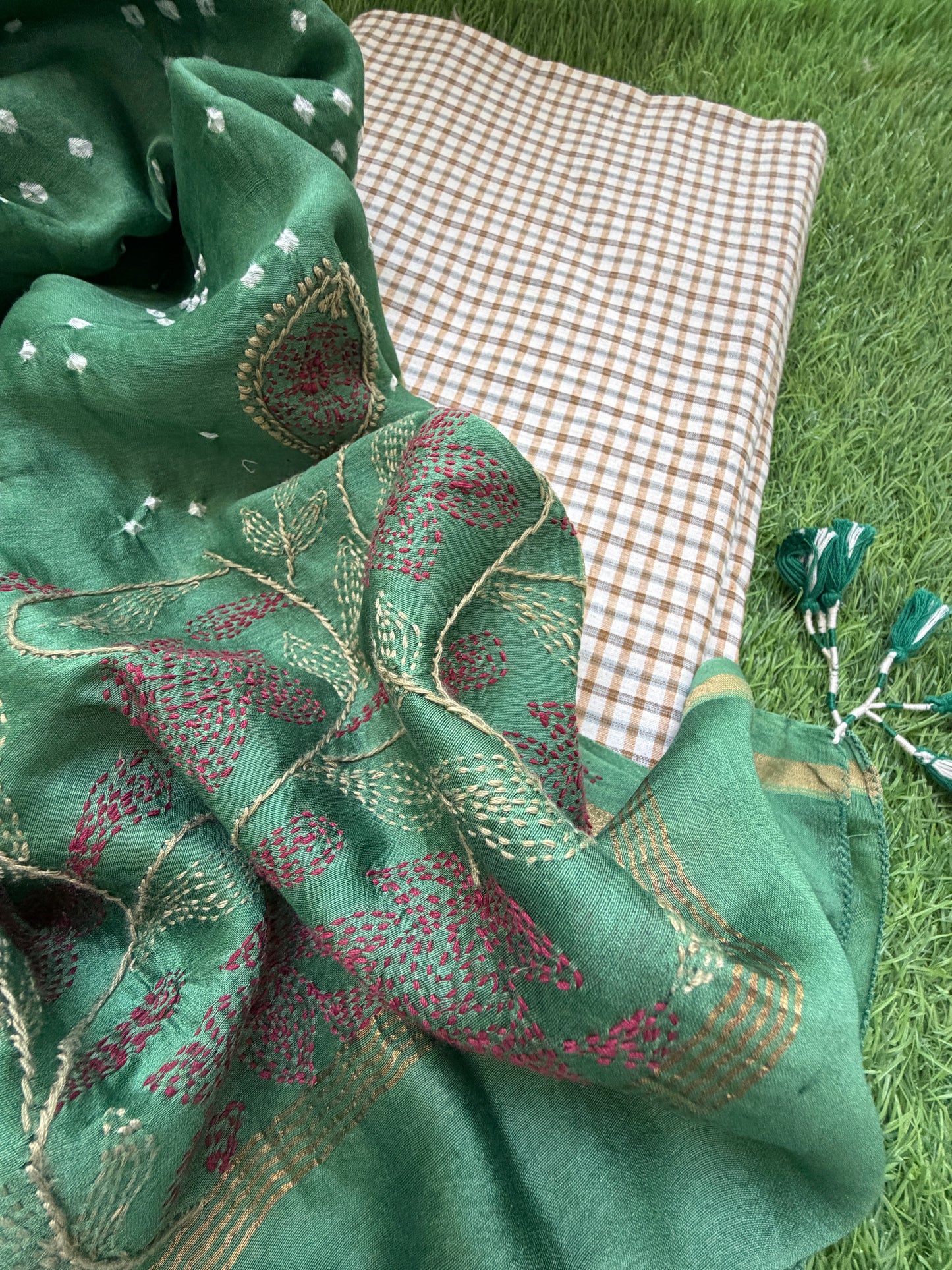 Khadi check kurta bottom pure chanderi bandhani chikankari dupatta