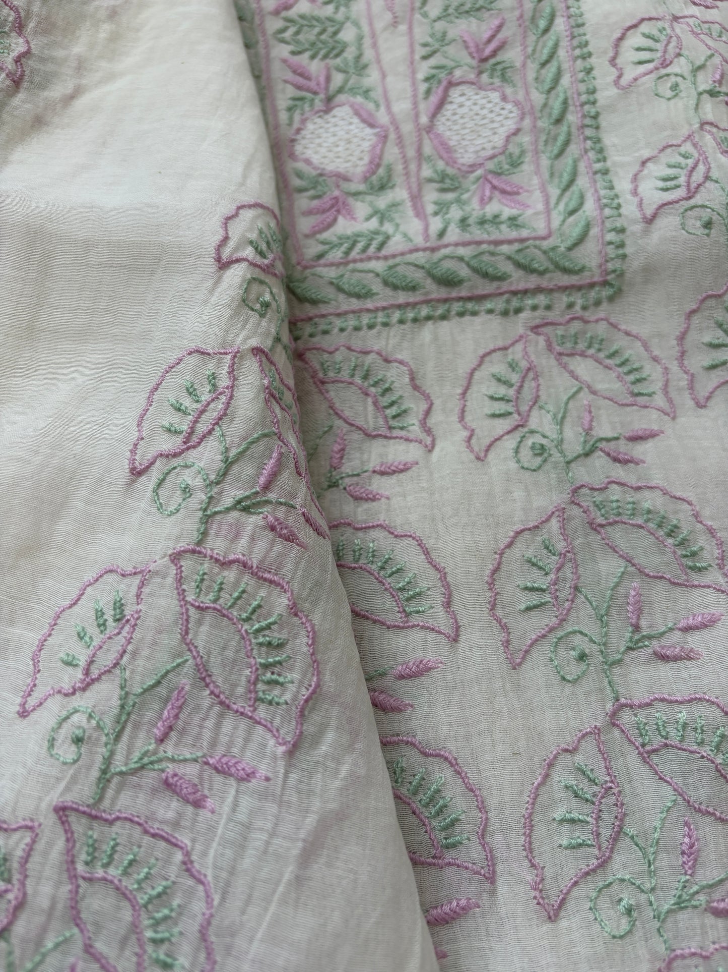 Semi stitched Chanderi Chikankari Kurta Dupatta