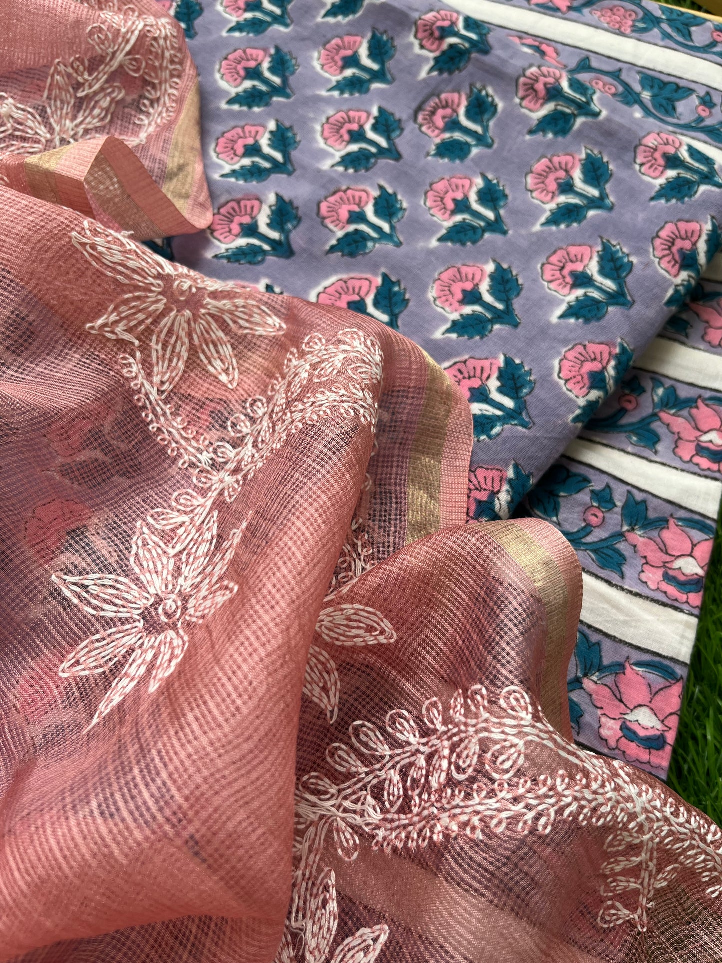 Kota silk Chikankari Dupatta with cotton kurta bottom Fabric
