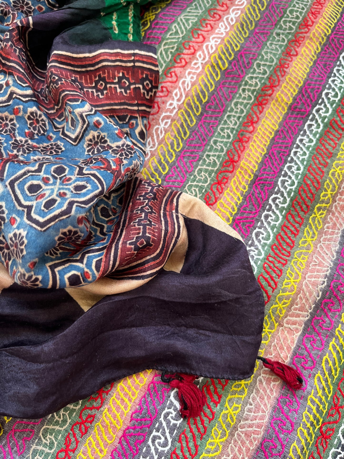 Silk kantha work kurta fabric with Bandhani ajrakh dupatta
