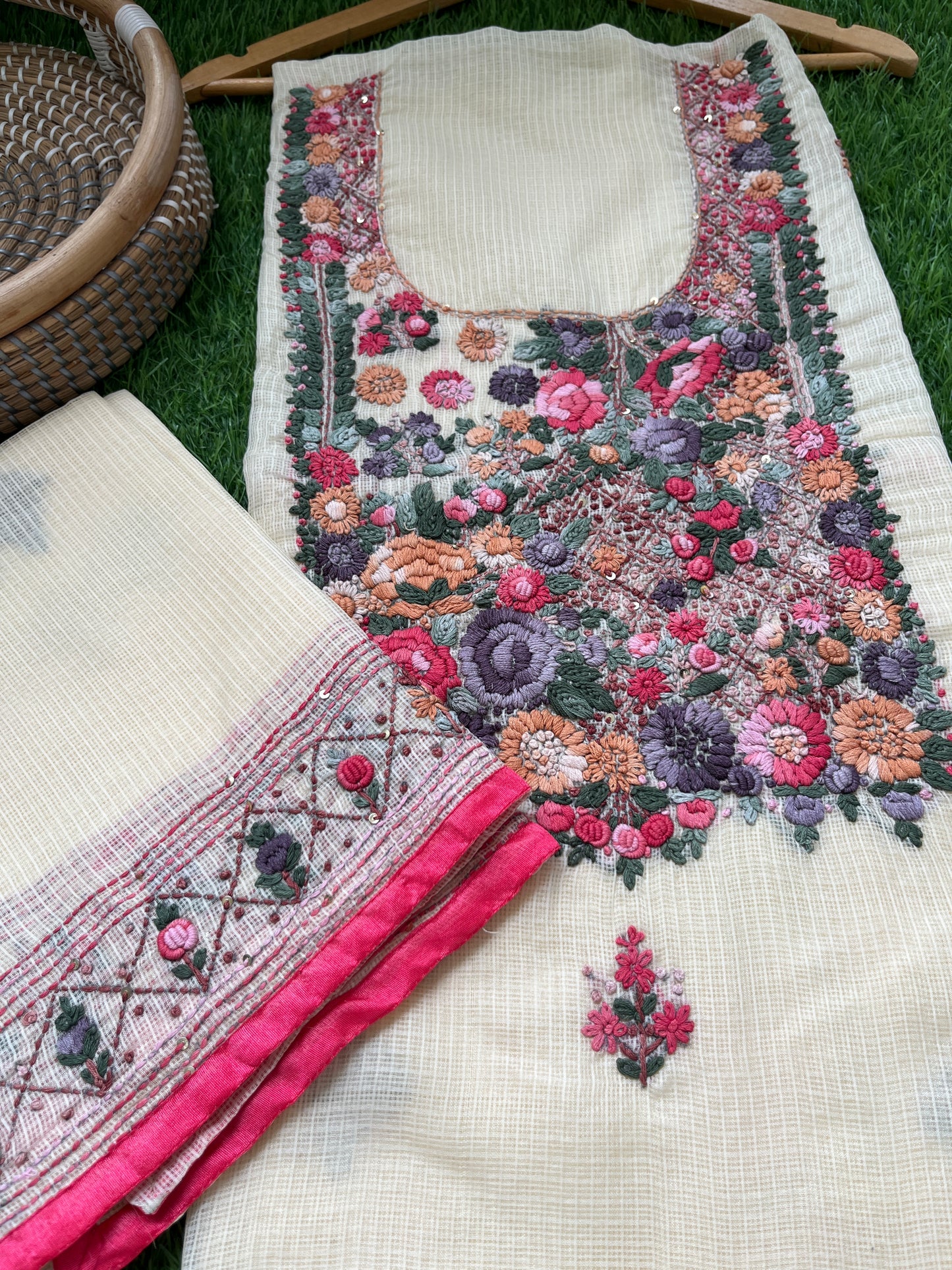 Kota hand embroidered kurta dupatta and plain bottom fabric