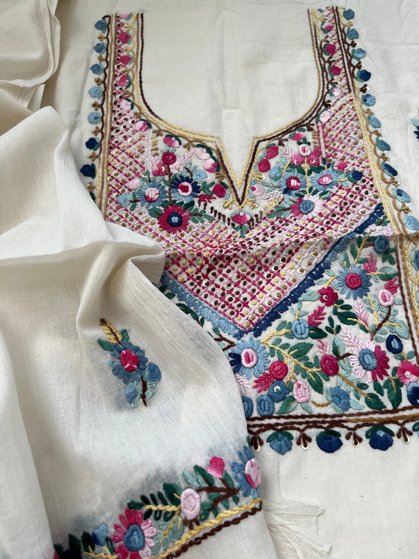 Handwoven Cotton knot work embroidered kurta dupatta and plain bottom fabric