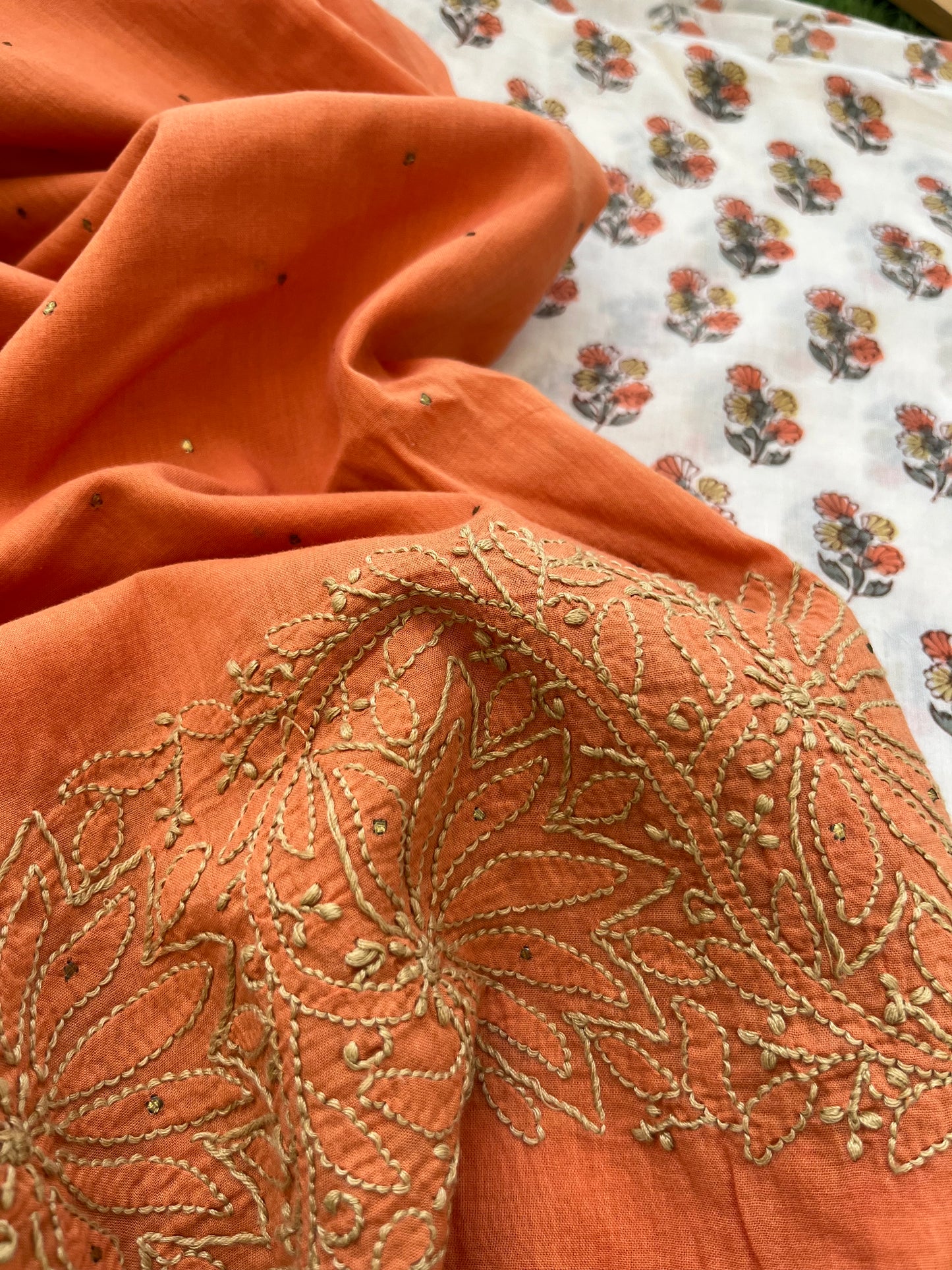 Cotton block print kurta bottom chikankari dupatta