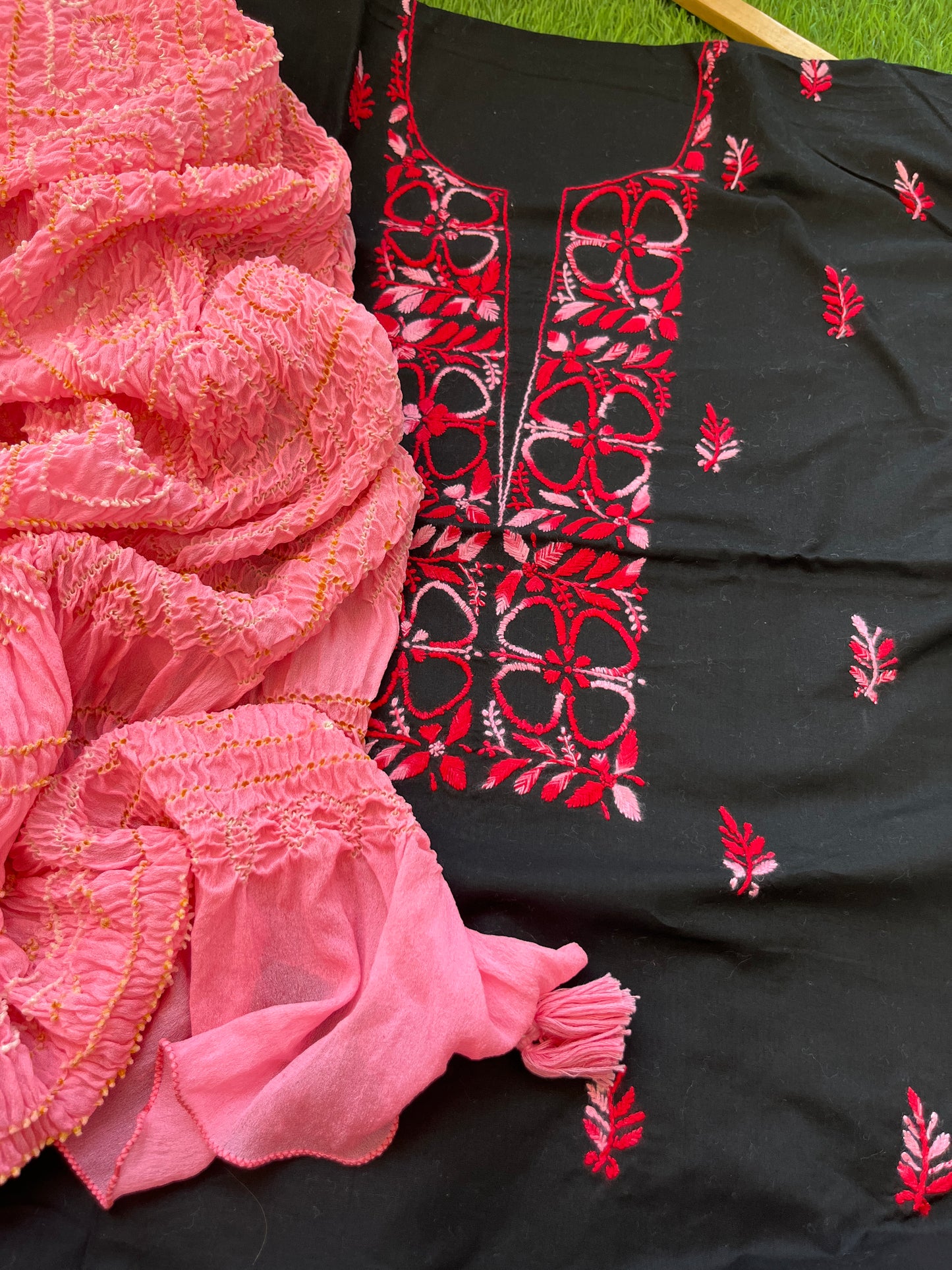 Cotton Chikankari kurta with chinon bandhani dupatta