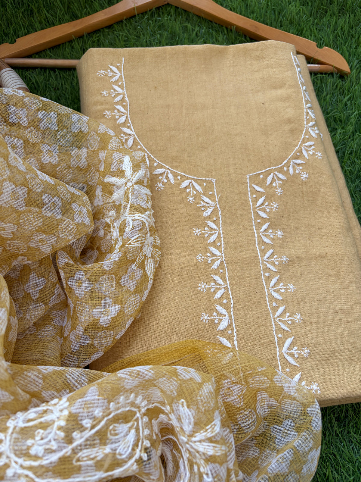 Handwoven khadi Cotton kurta mul chikankari dupatta
