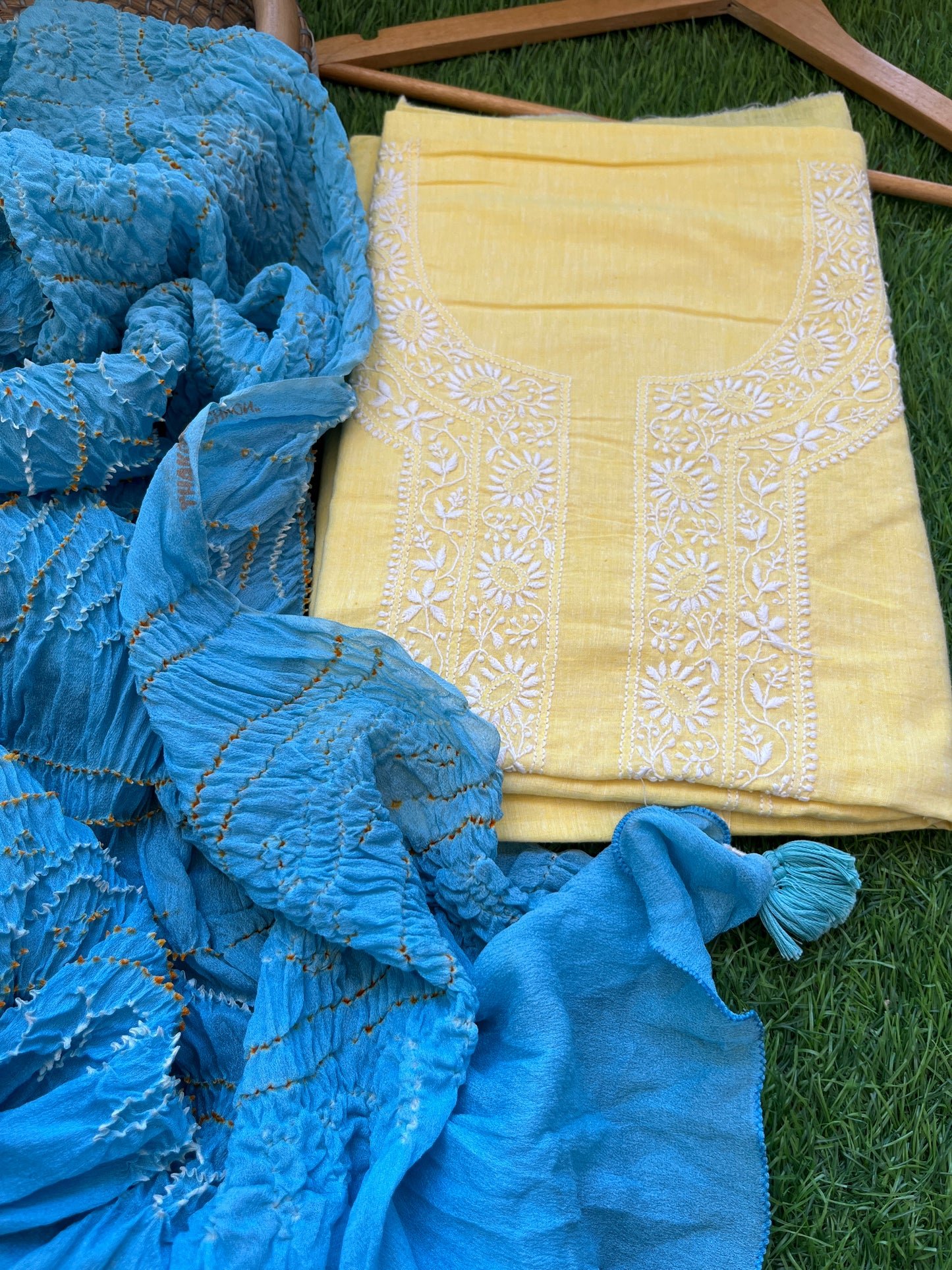 Khadi Mul Chikankari kurta with chinon bandhani dupatta