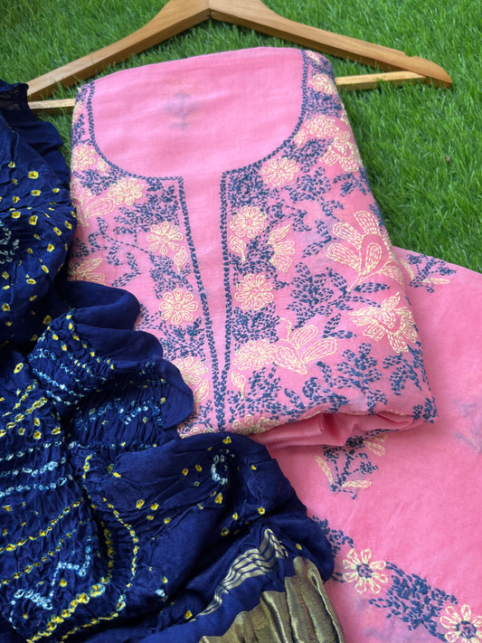 Chanderi Chikankari Kurta gajji silk bandhani Dupatta