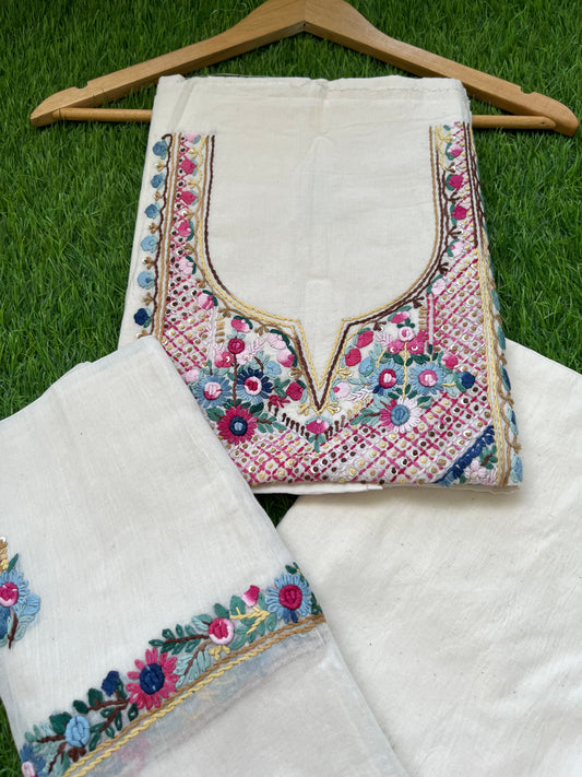 Handwoven Cotton knot work embroidered kurta dupatta and plain bottom fabric