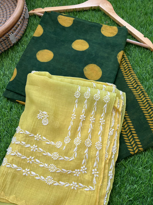 Chanderi Chikankari Dupatta with print kurta bottom Fabric