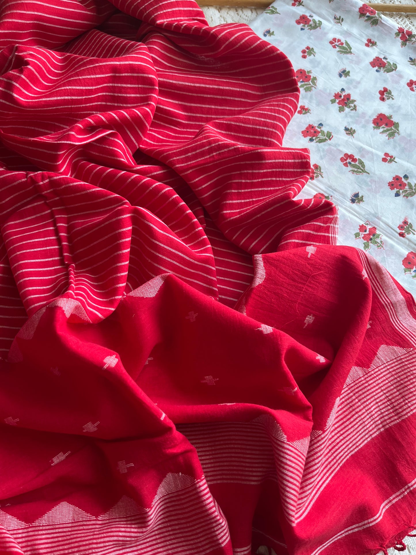 Cotton block print kurta bottom mul jaamdani dupatta