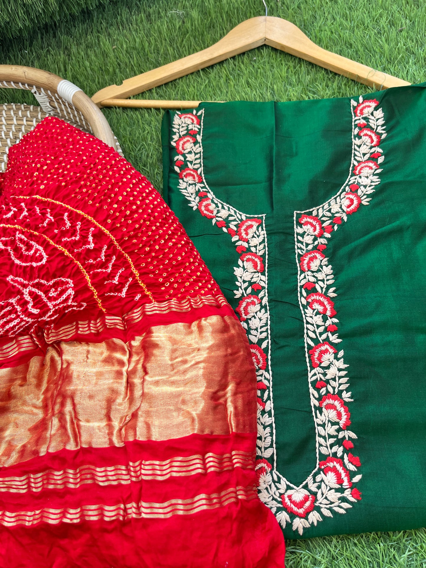Silk thread work kurta fabric with Bandhani dupatta