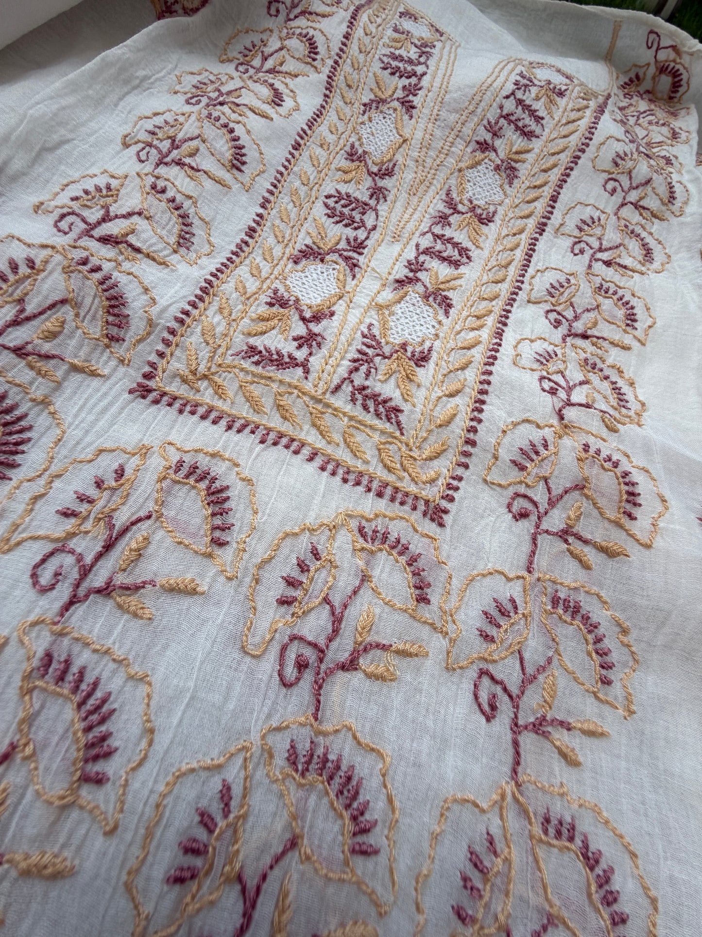 Semi stitched Chanderi Chikankari Kurta Dupatta