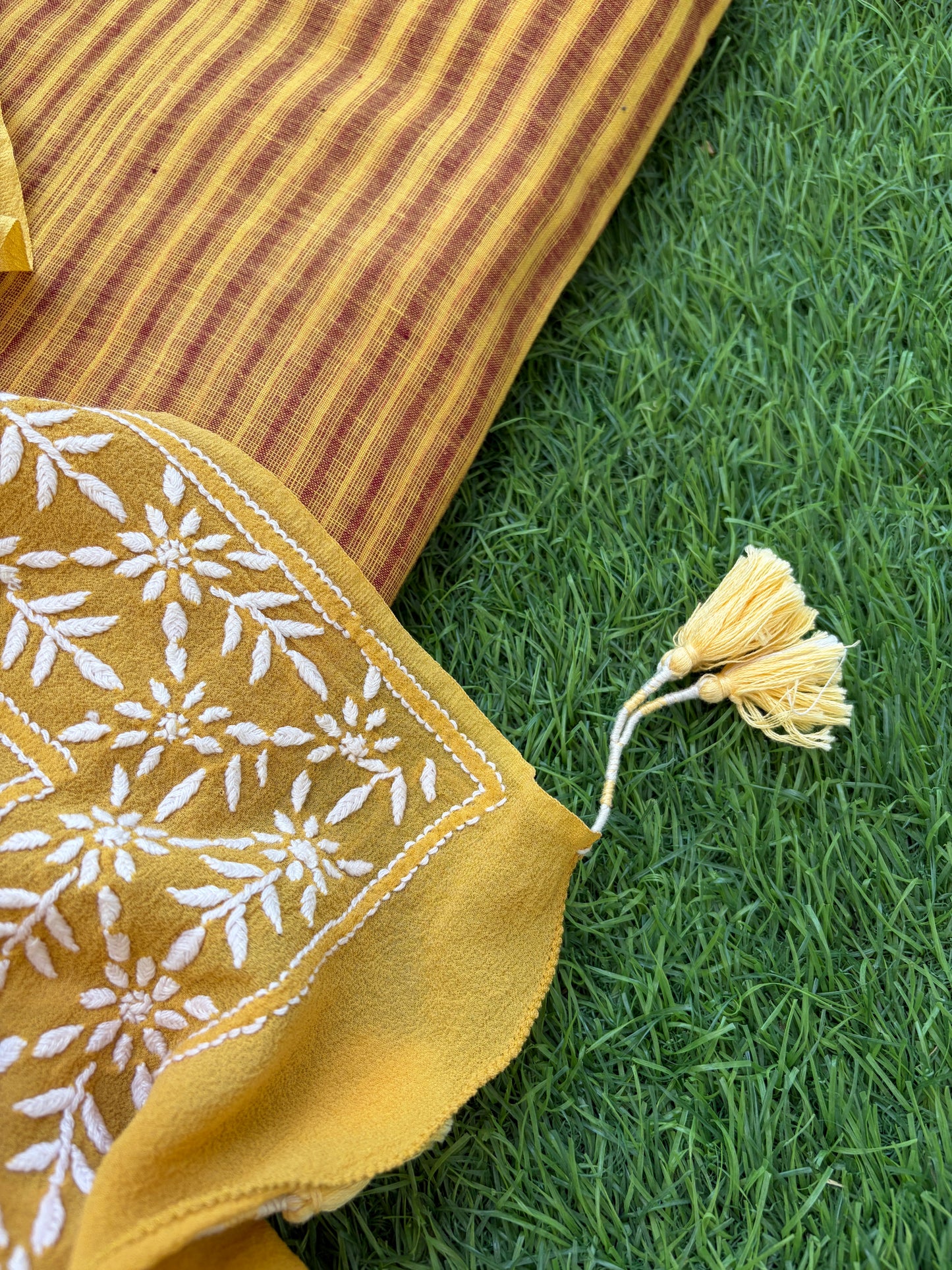 Khadi kurta bottom pure georgette chikankari bandhani dupatta
