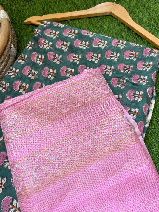 Cotton block print kurta fabric kota silk dupatta