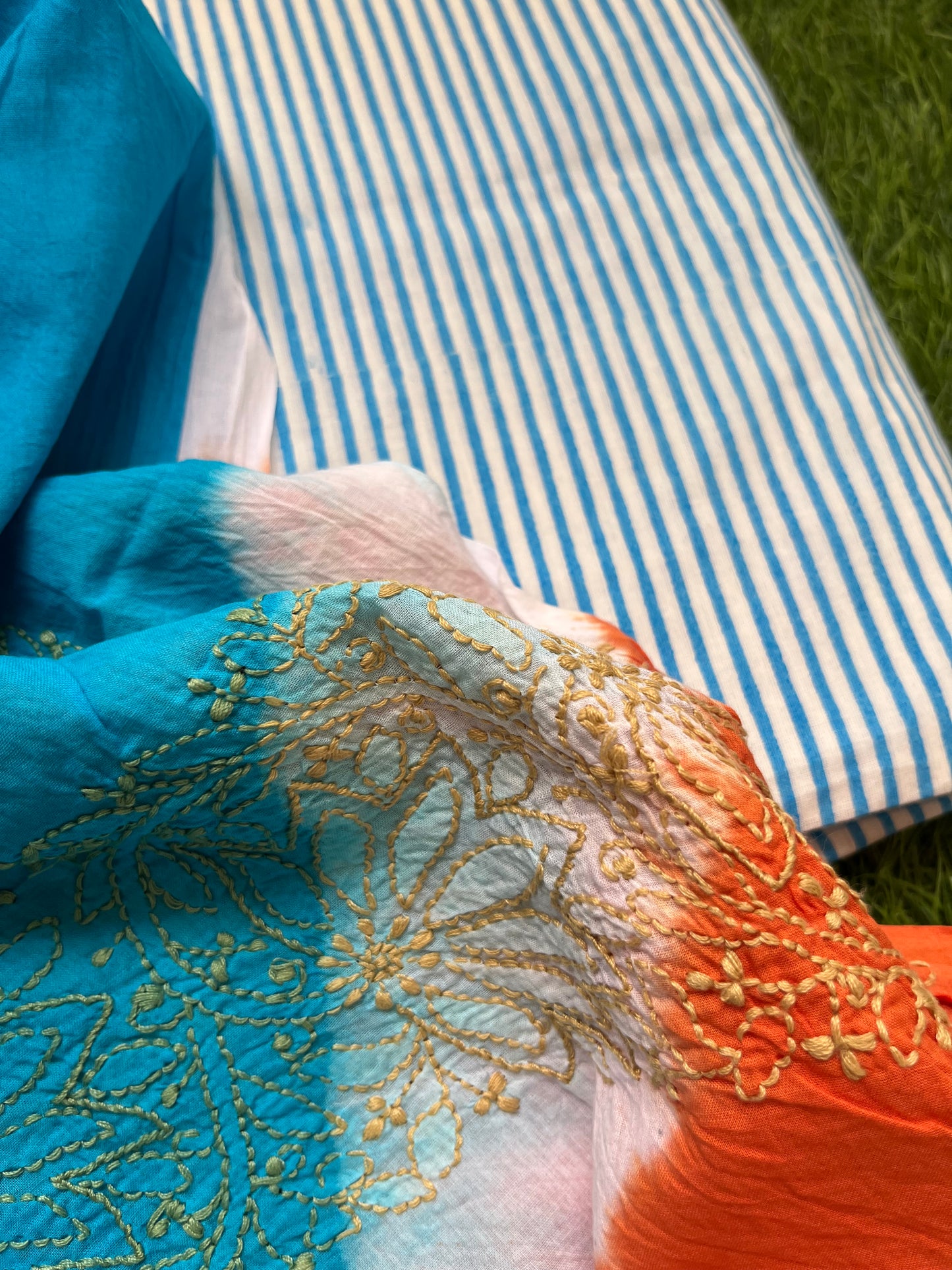 Cotton block print kurta bottom chikankari dupatta