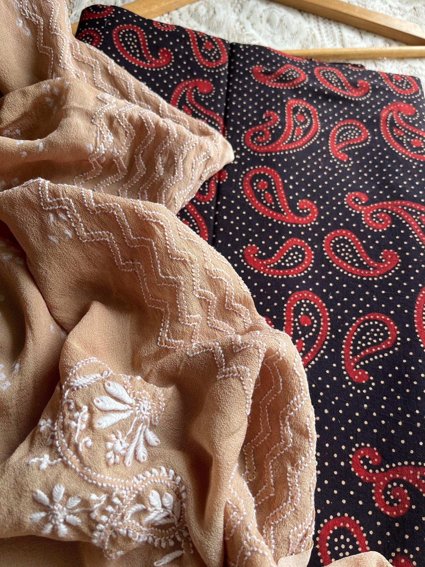 Cotton kurta bottom pure georgette chikankari bandhani dupatta