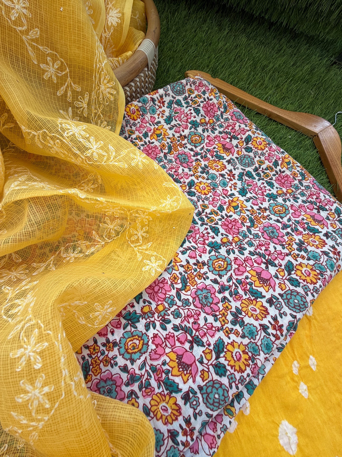 Cotton kurta bandhani bottom Kota Doria chikankari dupatta