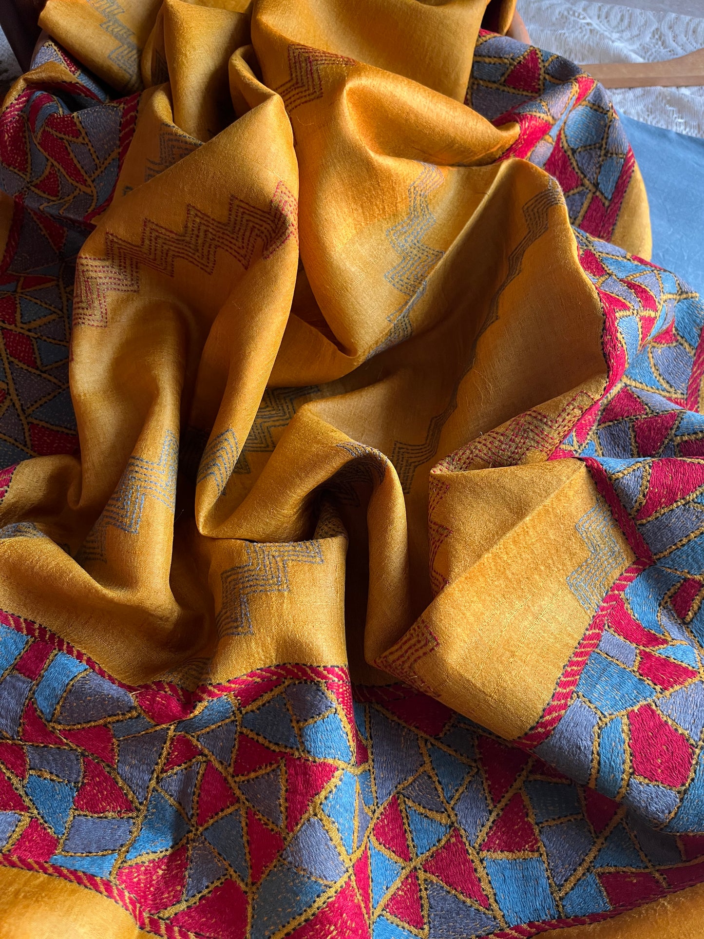 Silk Kantha Dupatta with chanderi silk kurta Bottom fabric